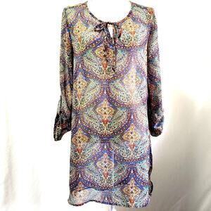 Bobeau Tunic Top Size L Multicolor Sheer Tab Sleeves Tie Neck Soft Boho Fairy